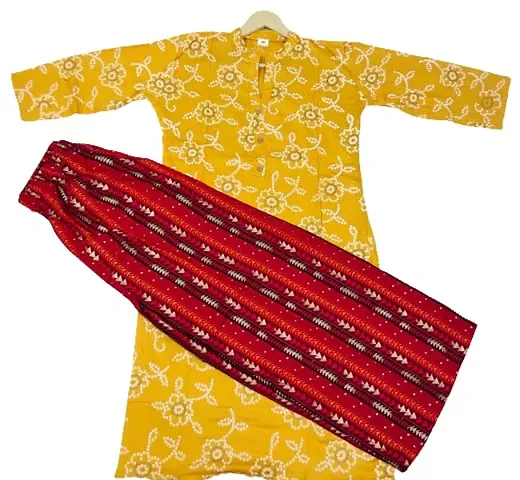 DAWN GODDESS Women's Regular Fit Blend Kurti with Palazzo (Yellow,L).