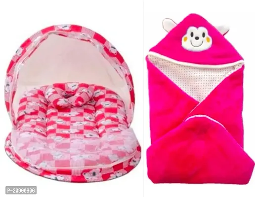 Combo Of Baby Bedding Set With Protective Mosquito Net And Pillow And Hooded Baby Blanket Cum Sleeping Bag