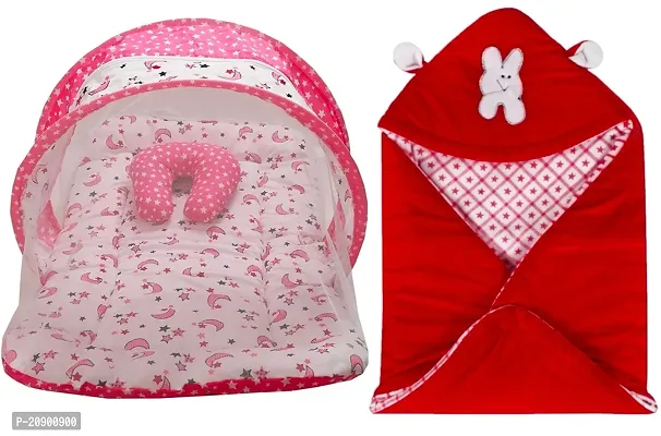 Combo Of Baby Bedding Set With Protective Mosquito Net And Pillow And Hooded Baby Blanket Cum Sleeping Bag-thumb0