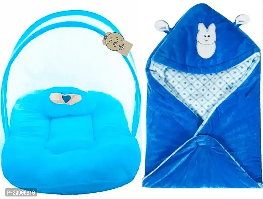 Combo Of Baby Bedding Set With Protective Mosquito Net And Pillow And Hooded Baby Blanket Cum Sleeping Bag-thumb0