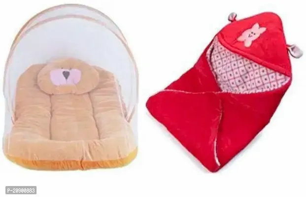 Combo Of Baby Bedding Set With Protective Mosquito Net And Pillow And Hooded Baby Blanket Cum Sleeping Bag