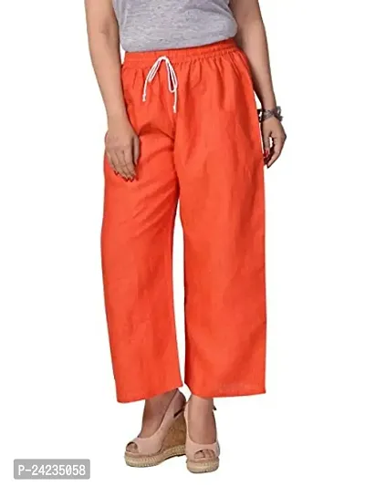 MABA Women's Linen High Waisted Plain Orange Casual Wear Palazzo Trouser Pant (Waist 26-34 Free Size)-thumb2