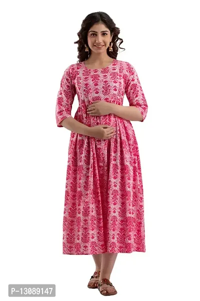 AANADHYA Women's Pure Cotton Printed Maternity Gown Feeding Nighty A-line Maternity Dress Kurti Gown for Women (XXXX-Large, Pink)-thumb0