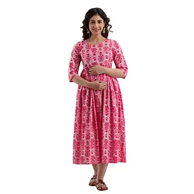 AANADHYA Women's Pure Cotton Printed Maternity Gown Feeding Nighty A-line Maternity Dress Kurti Gown for Women (XXXX-Large, Pink)