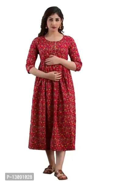 AANADHYA Women's Pure Cotton Printed Maternity Gown Feeding Nighty A-line Maternity Dress Kurti Gown for Women (Red,M)-thumb0