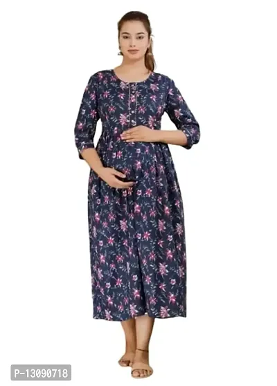 AANADHYA Women's Pure Cotton Printed Maternity Gown Feeding Nighty A-line Maternity Dress Kurti Gown for Women (Blue,3XL)-thumb0