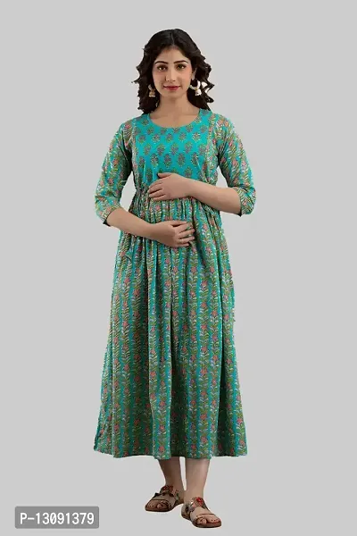 AANADHYA Women's Pure Cotton Printed Maternity Gown Feeding Nighty A-line Maternity Dress Kurti Gown for Women (Green,3XL)-thumb3