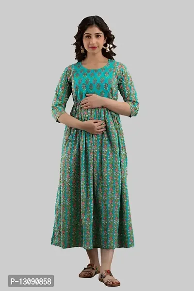 AANADHYA Women's Pure Cotton Printed Maternity Gown Feeding Nighty A-line Maternity Feeding Dress Kurti Gown for Women (XXX-Large, Green)-thumb3