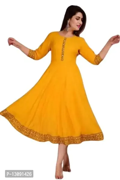 AANADHYA Women's Rayon Printed 3/4th Sleeves Anarkali Kurta (Medium, Yellow)