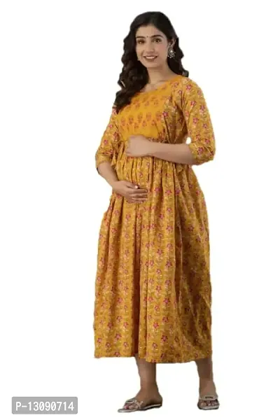 AANADHYA Women's Pure Cotton Printed Maternity Gown Feeding Nighty A-line Maternity Dress Kurti Gown for Women (Orange,M)