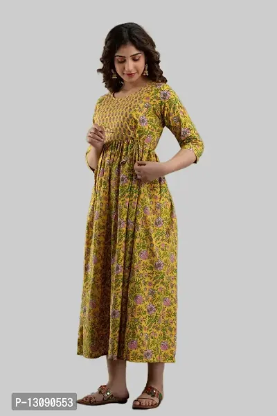 AANADHYA Women's Pure Cotton Printed Maternity Gown Feeding Nighty A-line Maternity Dress Kurti Gown for Women (Yellow,L)-thumb3
