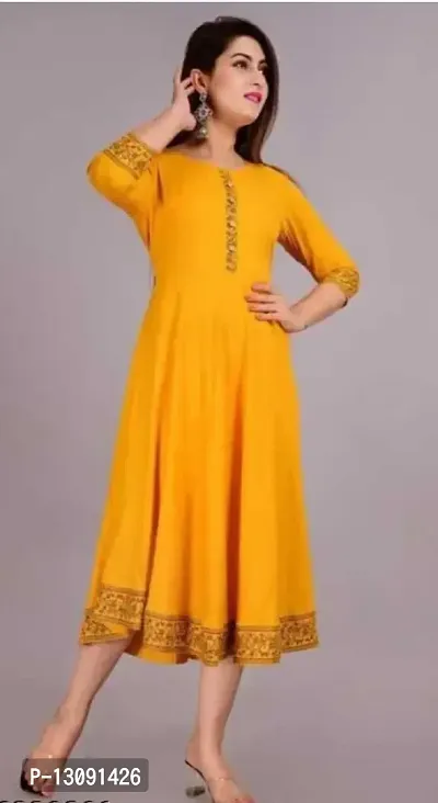 AANADHYA Women's Rayon Printed 3/4th Sleeves Anarkali Kurta (Medium, Yellow)-thumb2