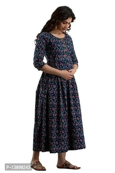 AANADHYA Women's Pure Cotton Printed Maternity Gown Feeding Nighty A-line Maternity Dress Kurti Gown for Women (Navy Blue,3XL)-thumb4