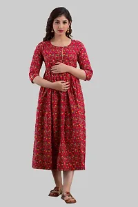AANADHYA Women's Pure Cotton Printed Maternity Gown Feeding Nighty A-line Maternity Dress Kurti Gown for Women (Red,M)-thumb2