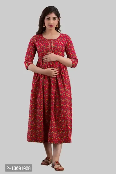 AANADHYA Women's Pure Cotton Printed Maternity Gown Feeding Nighty A-line Maternity Dress Kurti Gown for Women (Red,M)-thumb3