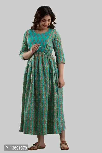 AANADHYA Women's Pure Cotton Printed Maternity Gown Feeding Nighty A-line Maternity Dress Kurti Gown for Women (Green,3XL)-thumb5
