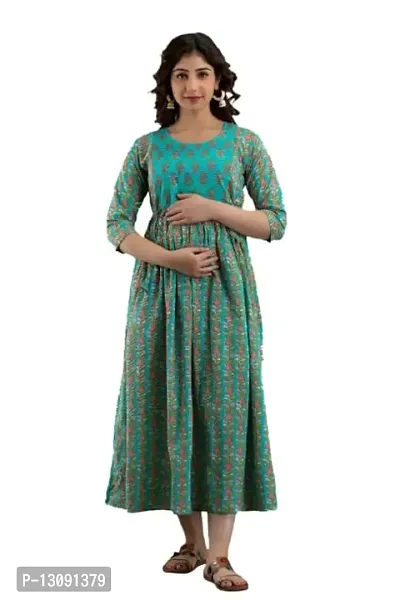 AANADHYA Women's Pure Cotton Printed Maternity Gown Feeding Nighty A-line Maternity Dress Kurti Gown for Women (Green,3XL)-thumb0