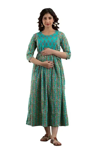 AANADHYA Women's Pure Cotton Printed Maternity Gown Feeding Nighty A-line Maternity Dress Kurti Gown for Women