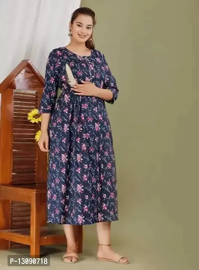 AANADHYA Women's Pure Cotton Printed Maternity Gown Feeding Nighty A-line Maternity Dress Kurti Gown for Women (Blue,3XL)-thumb2