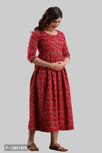AANADHYA Women's Pure Cotton Printed Maternity Gown Feeding Nighty A-line Maternity Dress Kurti Gown for Women (Red,M)-thumb5