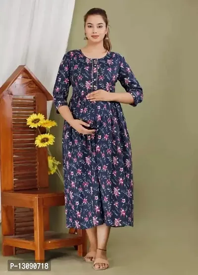 AANADHYA Women's Pure Cotton Printed Maternity Gown Feeding Nighty A-line Maternity Dress Kurti Gown for Women (Blue,3XL)-thumb4