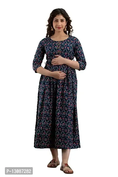 AANADHYA Women's Pure Cotton Printed Maternity Gown Feeding Nighty A-line Maternity Feeding Dress Kurti Gown for Women-thumb0