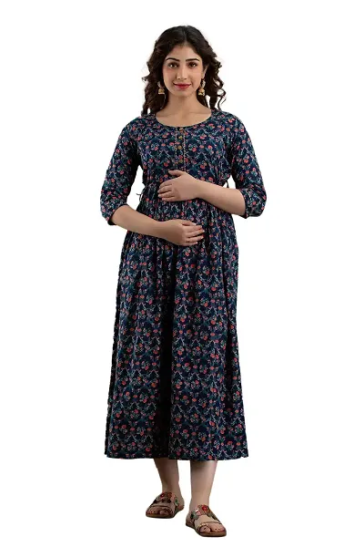 AANADHYA Women's Pure Cotton Printed Maternity Gown Feeding Nighty A-line Maternity Feeding Dress Kurti Gown for Women