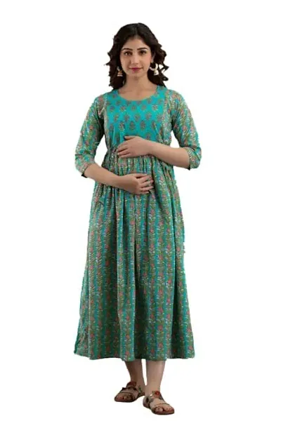 MANGLA KURTI Women's Pure Maternity Gown Feeding Nighty A-line Maternity Dress Kurti Gown for Women (XX-Large, Green)