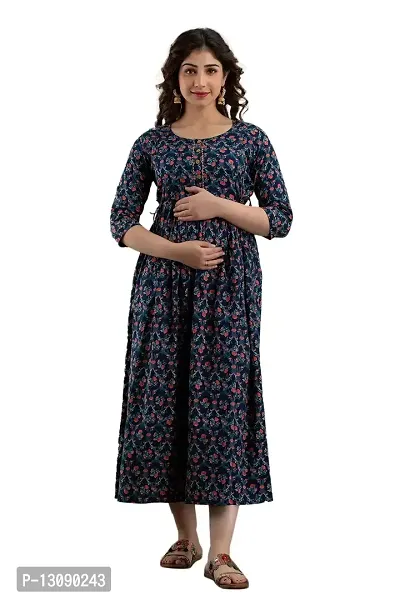 AANADHYA Women's Pure Cotton Printed Maternity Gown Feeding Nighty A-line Maternity Dress Kurti Gown for Women (Navy Blue,3XL)-thumb0