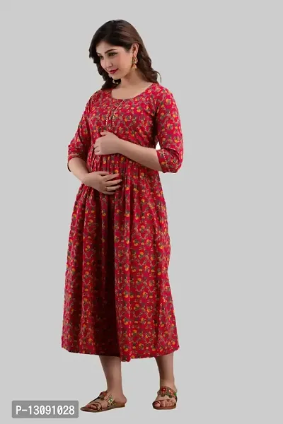 AANADHYA Women's Pure Cotton Printed Maternity Gown Feeding Nighty A-line Maternity Dress Kurti Gown for Women (Red,M)-thumb4