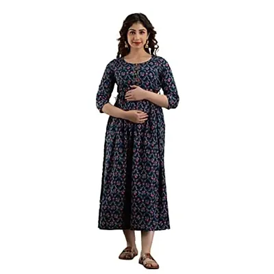 AANADHYA Women's Pure Cotton Printed Maternity Gown Feeding Nighty A-line Maternity Feeding Dress Kurti Gown for Women