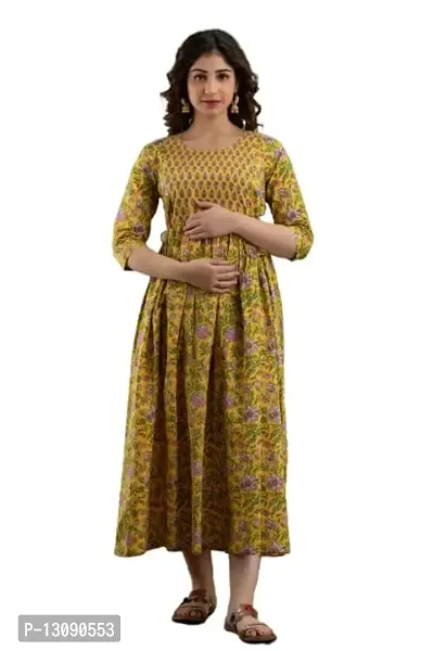 AANADHYA Women's Pure Cotton Printed Maternity Gown Feeding Nighty A-line Maternity Dress Kurti Gown for Women (Yellow,L)