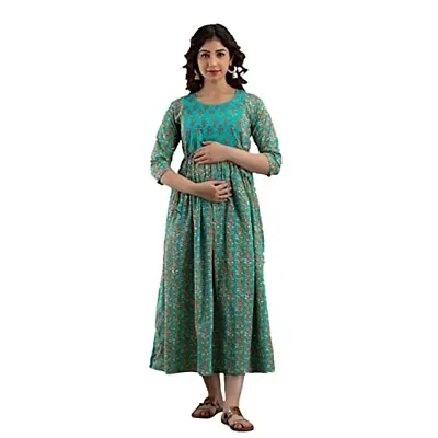 AANADHYA Women's Pure Cotton Printed Maternity Gown Feeding Nighty A-line Maternity Feeding Dress Kurti Gown for Women (XXX-Large, Green)