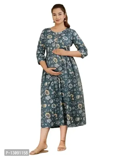 AANADHYA Women's Pure Cotton Printed Maternity Gown Feeding Nighty A-line Maternity Dress Kurti Gown for Women (Light Blue,M)