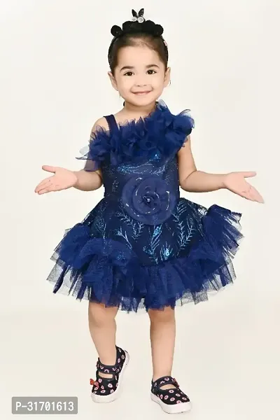 Stylish Navy Blue Net Dress For Girls-thumb0