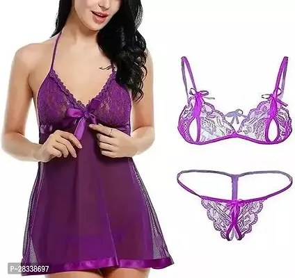 Stylish Purple Acrylic Transparent Babydoll Set For Women-thumb0