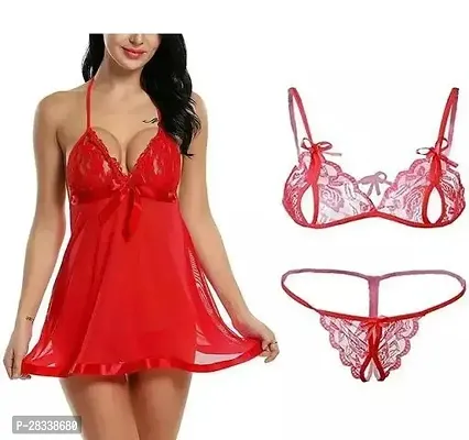 Stylish Red Acrylic Transparent Babydoll Set For Women-thumb0