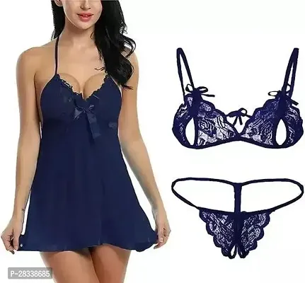 Stylish Navy Blue Acrylic Transparent Babydoll Set For Women-thumb0