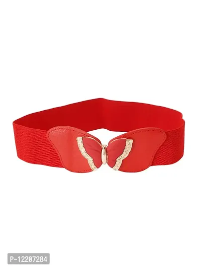 STYLE SHOES Red Elastic Fabric Waist Belt for Women Dresses Round Shaped Design Stretchy Ladies Belt for Saree Girls Jeans - Free Size?(LBE8040IC16)-thumb0