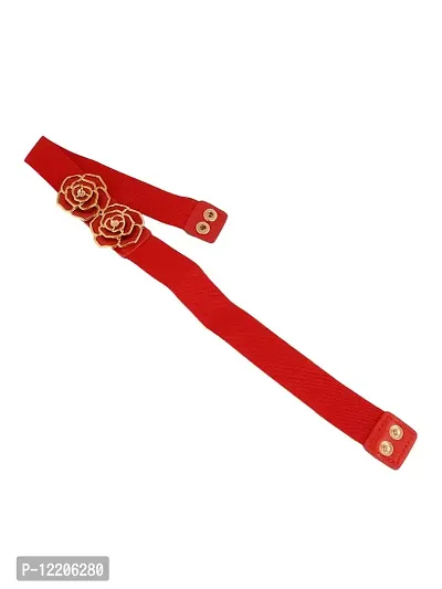 STYLE SHOES Red Elastic Fabric Waist Belt for Women Dresses Round Shaped Design Stretchy Ladies Belt for Saree Girls Jeans - Free Size?(LBE8020IC16)-thumb3