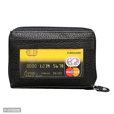 STYLE SHOES 10 Slot Genuine Leather Zipper Credit Card Holder Wallet for Men  Women (Horizontal Black)-thumb0