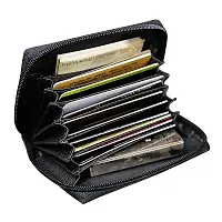 STYLE SHOES 10 Slot Genuine Leather Zipper Credit Card Holder Wallet for Men  Women (Horizontal Black)-thumb1