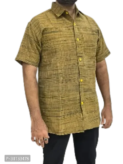 Stylish Yellow Khadi Cotton Short Sleeves Shirt For Men-thumb0