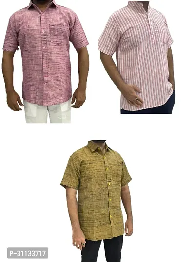 Stylish Multicoloured Khadi Cotton Short Sleeves Shirt For Men Pack Of 3-thumb0