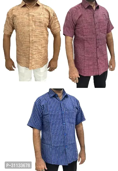 Stylish Multicoloured Khadi Cotton Short Sleeves Shirt For Men Pack Of 3-thumb0