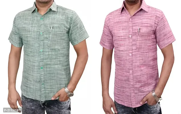 Stylish Multicoloured Khadi Cotton Short Sleeves Shirt For Men Pack Of 2-thumb0