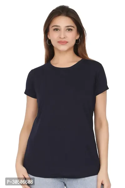 Love London Navy Solid Cotton Round Neck Top For Woman-thumb0