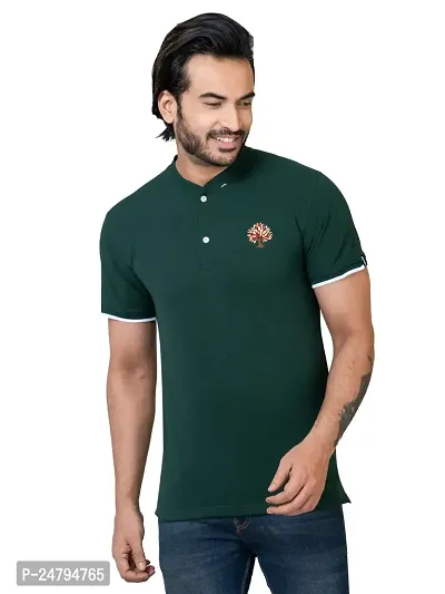 INDYSOUL Men Semiformal Anti Odour Ultrasoft Biowashed Cotton Rich Mandarin Collared Embroidered Tshirt |Bottle Green, S| |MME4KBBGS01|-thumb0