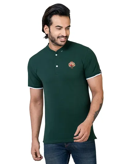 INDYSOUL Men Semiformal Anti Odour Ultrasoft Biowashed Rich Mandarin Collared Embroidered Tshirt |Bottle Green, S| |MME4KBBGS01|