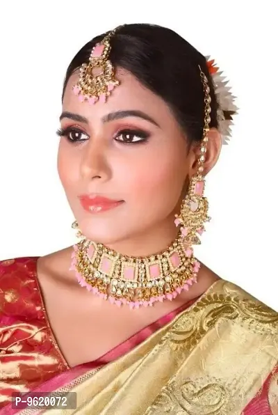 Traditional Pink Alloy Necklace Maangtika With Earrings Jewellery Set For Women-thumb0